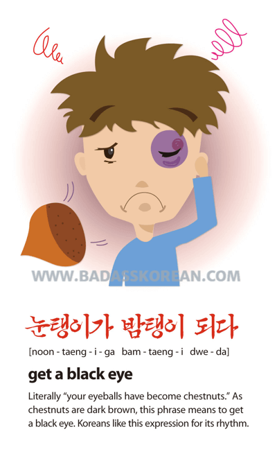 눈탱이가 밤탱이 되다 [noon-taeng-i-ga bam-taeng-i dwe-da]